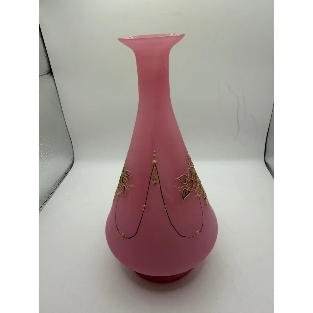 Vintage Pink‎ Satin Frosted Glass Vase Hand Painted Gold Floral Enamel 8.5 Inch